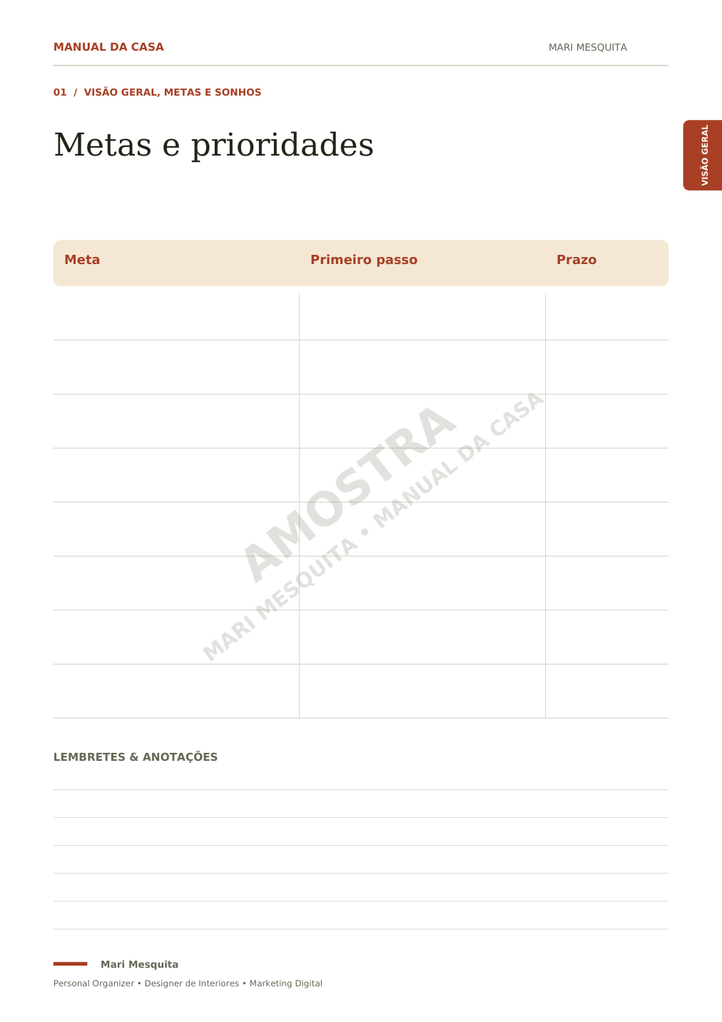 Página real: metas, primeiro passo e prazo