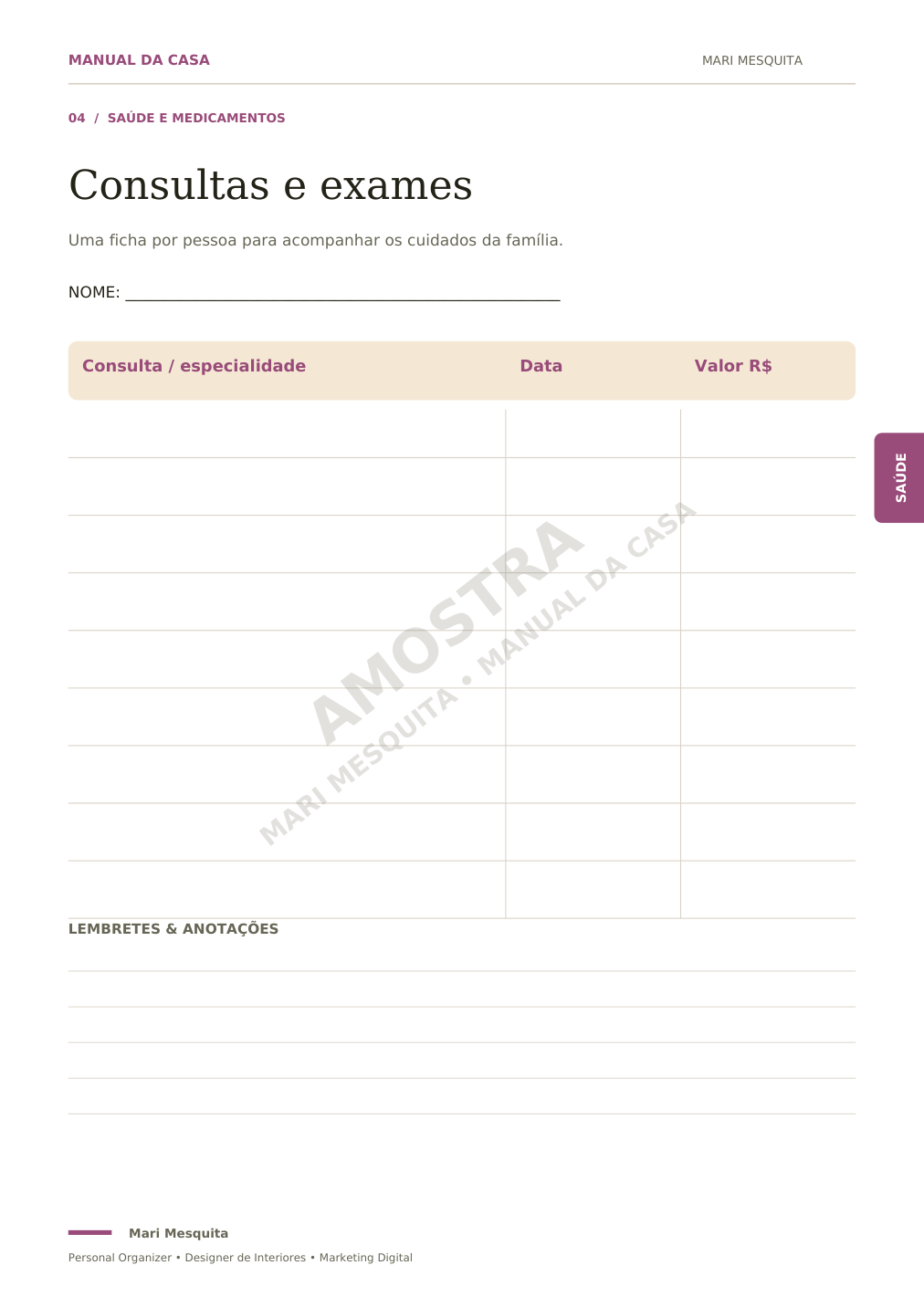 Página real: controle de consultas e exames por pessoa